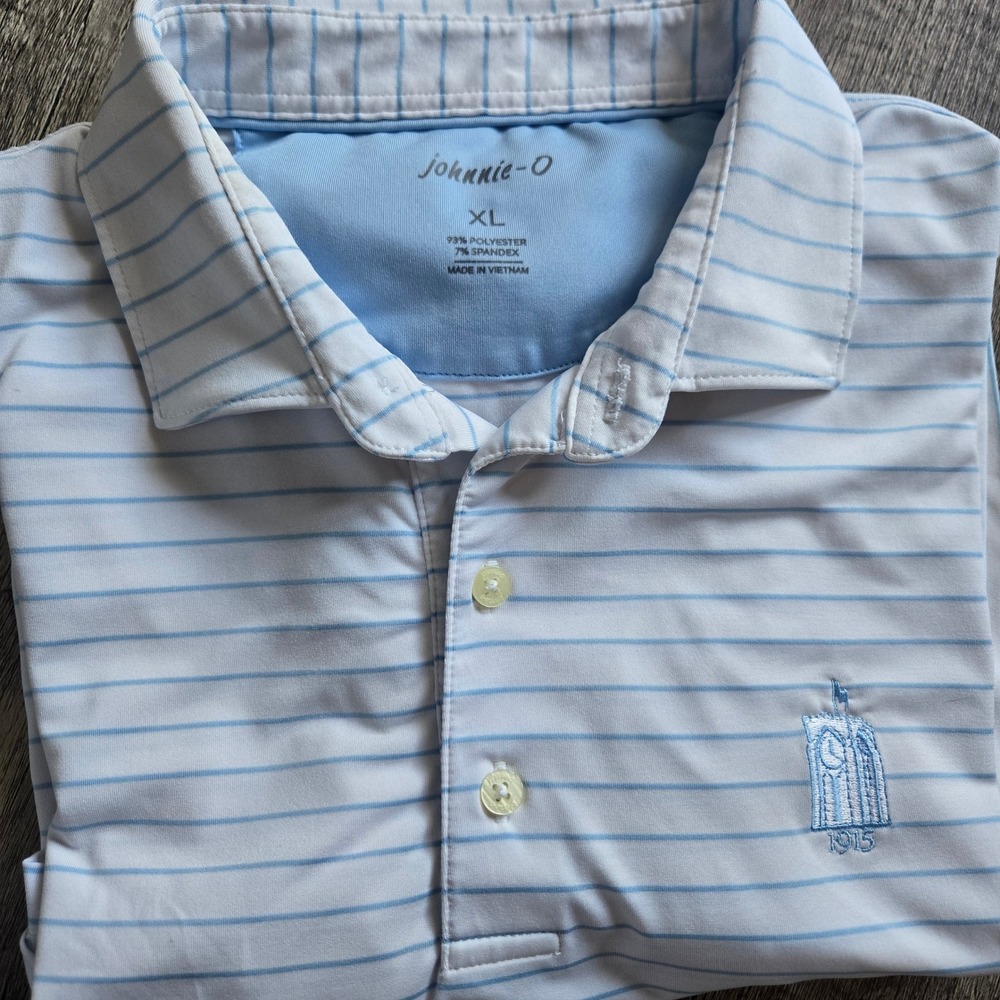 Johnnie-O Mens XL Blue White Striped‎ Performance Polo Shirt 1915 Clock Tower